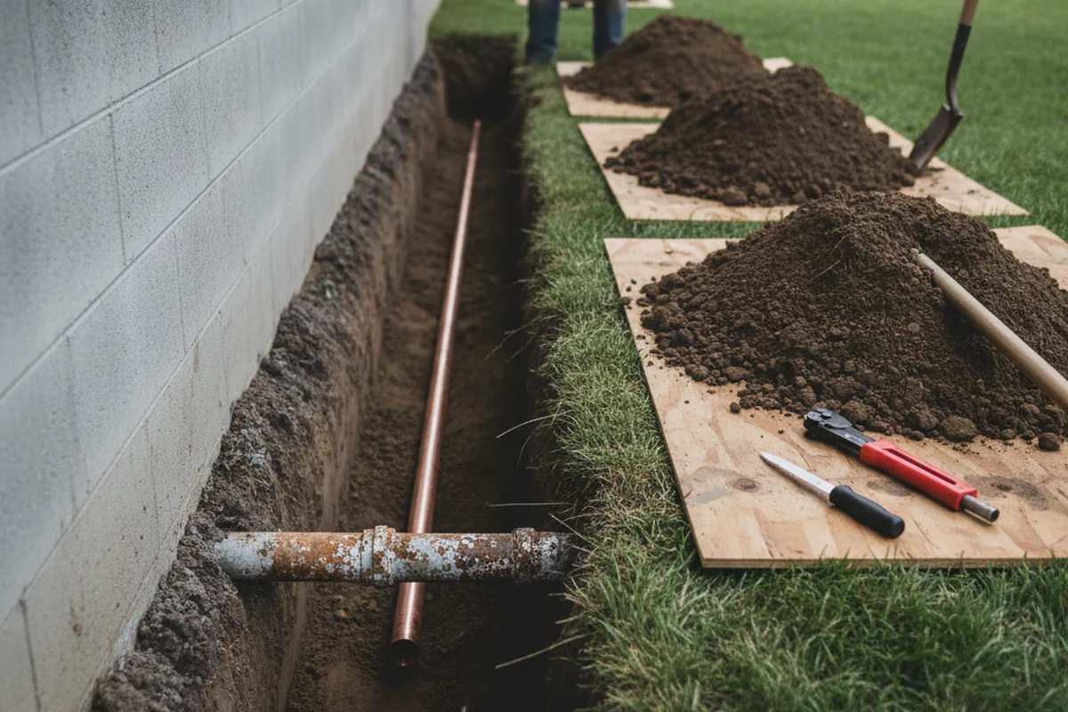 Excavated water line trench during Water Heater Repair in South West City